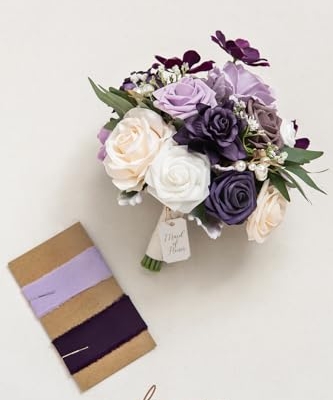 Silky Flower Store Purple Bridal Bouquet, Lilac Silk Wedding Bouquet, Artificial Bridesmaid Bouquet, Premade Wedding Flowers 9 Inch 9 9 Product: Ling's Moment Purple Bridal Bouquet for Bride, Lilac Wedding Bouquets for Bride Maid of Honor Bridesmaid, 9 Inch Silk Round Artificial Wedding Flowers Bouquets, Small Bridesmaid Bouquet
