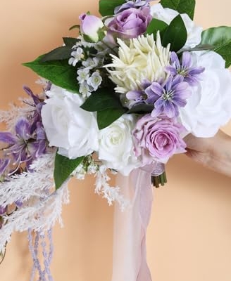 Silky Flower Store Bridal Bouquet Purple White Silk Wedding Flowers, Artificial Wedding Bouquet, Ivory Roses, 9 Inch 14 14 Product: INSUNSIX Bridal Bouquet,9 Inch Wedding Bouquets Purple and White Fake Wedding Silk Flowers for Ceremony Anniversary Brides Shower(Purple)