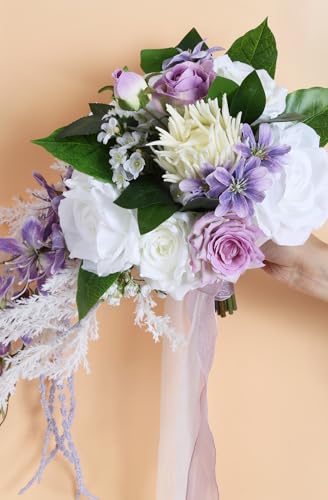 Silky Flower Store Bridal Bouquet Purple White Silk Wedding Flowers, Artificial Wedding Bouquet, Ivory Roses, 9 Inch 5 5 Product: INSUNSIX Bridal Bouquet,9 Inch Wedding Bouquets Purple and White Fake Wedding Silk Flowers for Ceremony Anniversary Brides Shower(Purple)