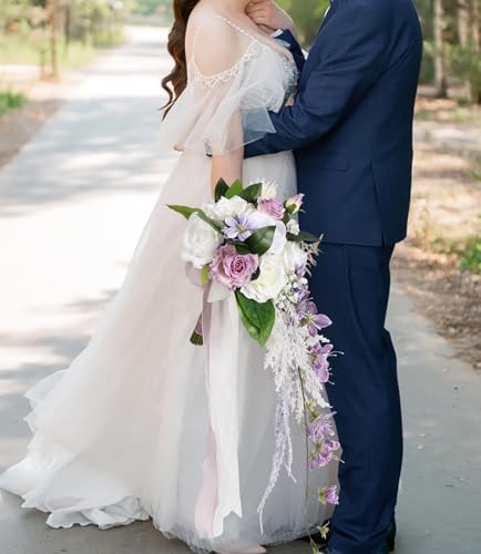 Silky Flower Store Bridal Bouquet Purple White Silk Wedding Flowers, Artificial Wedding Bouquet, Ivory Roses, 9 Inch 2 2 Product: INSUNSIX Bridal Bouquet,9 Inch Wedding Bouquets Purple and White Fake Wedding Silk Flowers for Ceremony Anniversary Brides Shower(Purple)