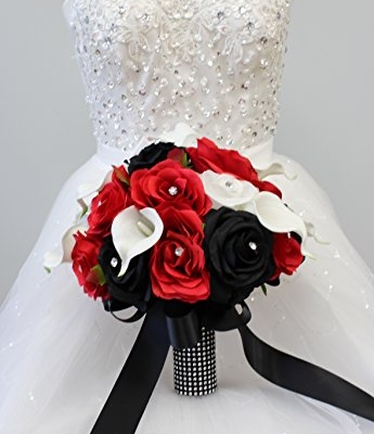 Product: Angel Isabella Build Your Wedding Package-Artificial Flower Bouquet Corsage Boutonniere Rose Calla Lily Red White Black Wedding Theme (Round Bridal Bouquet)