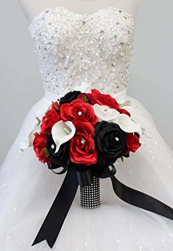 Product: Angel Isabella Build Your Wedding Package-Artificial Flower Bouquet Corsage Boutonniere Rose Calla Lily Red White Black Wedding Theme (Round Bridal Bouquet)