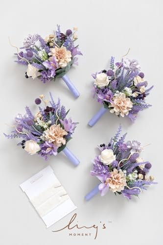 Silky Flower Store Purple Bridesmaid Bouquet Set of 4, Lavender Artificial Wedding Flowers, Silk Foam Posy, 7 Inch 7 7 Product: Ling's Moment Artificial Flowers Purple Bridesmaid Bouquet Set of 4, Lavender Wedding Flowers Bouquets for Bridesmaids, 7 Inch Bridal Bouquets for Bridesmaids, Wedding, etc