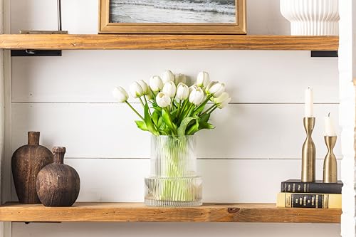 Silky Flower Store Artificial Tulip and Ribbed Glass Vase Set, 20 White Tulips Gift Arrangement, Elegant Home Décor 20cm 1 1 Product: Tulip and Vase Ribbed Glass with 20 White Tulips Artificial Flowers Gift Set Fluted Clear Flower Short Vase and Fake Tulips Look Real Entryway Living Room Table Office Shelf Decor Faux High End Gift