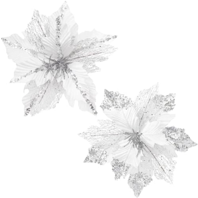 Silky Flower Store Christmas Poinsettia Artificial Flower Picks, White Velvet Glitter Floral Spray, Set of 6, 12in 6 6 Product: KI Store Large Christmas Poinsettia 6pcs Artificial Flower Picks Spray for Christmas Tree Decoration Wreath Garland (White)