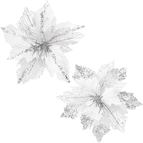 Silky Flower Store Christmas Poinsettia Artificial Flower Picks, White Velvet Glitter Floral Spray, Set of 6, 12in 1 1 Product: KI Store Large Christmas Poinsettia 6pcs Artificial Flower Picks Spray for Christmas Tree Decoration Wreath Garland (White)