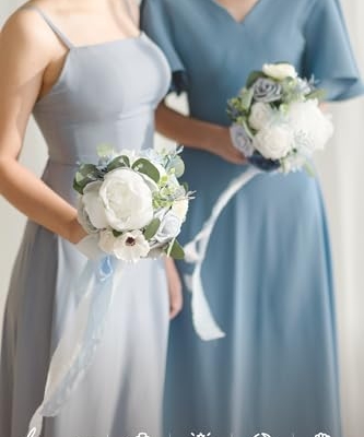 Silky Flower Store Dusty Blue Bridesmaid Bouquet Set of 4, Artificial Silk Foam Wedding Flowers, Blue White Bridal Bouquets, 7 Inch 11 11 Product: Ling's Moment Artificial Flowers Dusty Blue Bridesmaid Bouquet Set of 4, Blue & White Wedding Flowers Bouquets for Bridesmaids, 7 Inch Bridal Bouquets for Bridesmaids