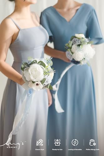 Silky Flower Store Dusty Blue Bridesmaid Bouquet Set of 4, Artificial Silk Foam Wedding Flowers, Blue White Bridal Bouquets, 7 Inch 2 2 Product: Ling's Moment Artificial Flowers Dusty Blue Bridesmaid Bouquet Set of 4, Blue & White Wedding Flowers Bouquets for Bridesmaids, 7 Inch Bridal Bouquets for Bridesmaids