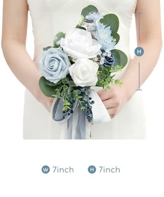 Silky Flower Store Dusty Blue Bridesmaid Bouquet, Artificial Silk Foam Wedding Flowers Set of 6, Blue White Bridal Bouquet, 7 Inch 12 12 Product: Ling's Moment Artificial Flowers Dusty Blue Bridesmaid Bouquet Set of 6, Blue & White Wedding Flowers Bouquets for Bridesmaids, 7 Inch Bridal Bouquets for Bridesmaids