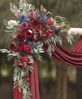 Product: Ling's Moment Burgundy Artificial Wedding Arch Flowers Kit Pack of 4, 2pcs Hanging Flower Arrangement 2pcs Chiffon Drapes Ceremony Reception Fake Rose Arbor Backdrop Floral Party Outdoor Decorations