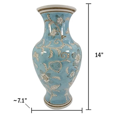 Product: Galt International Light Blue and White Flower & Heart Chinoiserie Ceramic Vase 14"- Hand Painted Antique Style Porcelain Flower Bottle Fishtail Porcelain Chinese Vase for Home Decor Centerpiece