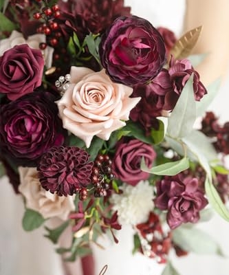 Silky Flower Store Red Burgundy Blush Bridal Bouquet, Artificial Wedding Flower Bouquet, Lings Moment, 17 Inch 12 12 Product: Ling's Moment Red Wedding Bouquets for Bride, Burgundy and Blush Bridal Bouquets for Bride,17 Inch Free Form Artificial Wedding Flower Bouquet