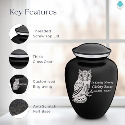 Product: Geturns Embrace Adult Personalized Owl Cremation Urns for Human Ashes I Large Black Funeral Urn for Men and Women I 200 lbs