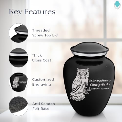 Product: Geturns Embrace Adult Personalized Owl Cremation Urns for Human Ashes I Large Black Funeral Urn for Men and Women I 200 lbs