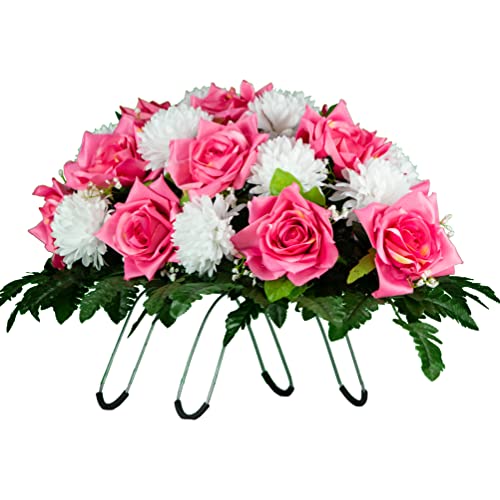 Product: Mother's Day - Artificial Cemetery Flowers Headstone Arrangement - 30" Pink Rose & White Mums Silk Flowers for Outdoor Grave - Decorations