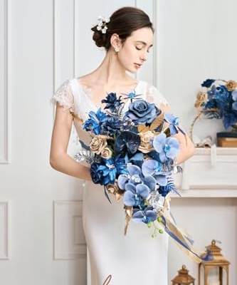 Silky Flower Store Navy Blue and Gold Cascading Bridal Bouquet, Artificial Wedding Flower Bouquet, 15 Inch 9 9 Product: Ling's Moment Navy Blue and Gold Bridal Bouquet Cascading, Manor Blue Wedding Bouquets for Bride, 15 Inch Artificial Wedding Flower Bouquet