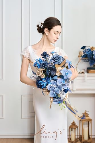 Silky Flower Store Navy Blue and Gold Cascading Bridal Bouquet, Artificial Wedding Flower Bouquet, 15 Inch 2 2 Product: Ling's Moment Navy Blue and Gold Bridal Bouquet Cascading, Manor Blue Wedding Bouquets for Bride, 15 Inch Artificial Wedding Flower Bouquet