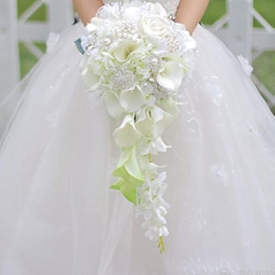 Product: IFFO Calla Lilies Simulation Rose Diamonds Pearl Bride Wedding Bouquet (White)