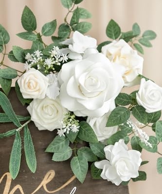 Silky Flower Store Artificial Wedding Floral Swag, White Faux Flower Garland, Welcome Sign Decor, 24x10in 12 12 Product: Ling's Moment 2pcs White Wedding Artificial Floral Swag Welcome Sign Flowers Backdrop Garland Green for Ceremony Reception Door Wall Easel Home Decoration Entryway Faux Outdoor Board Table Decor