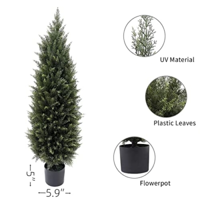 Product: 4ft(48”) Artificial Cedar Outdoor Artificial Shrub Sunlight Resistant Leafy Potted Plant for Indoor Porch of Home and Office Artificial Outdoor Tree 2 Pieces a Set Topiary Trees