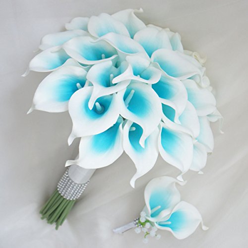 Silky Flower Store Calla Lily Bridal Wedding Bouquet Groom Boutonniere Turquoise Teal Aqua Picasso, White Ribbon Bling, 12in 1 1 Product: Lily Garden Luxury Calla Lily Bridal Wedding Bouquet 3 Dozen with Groom Boutonniere (Turquoise Picasso)