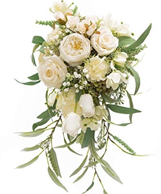 Product: BENCENTRE 12-Inch White & Greenery Cascading Bridal Bouquet for Wedding Ceremony, Anniversary, French Rustic Vintage Style - Artificial Flowers