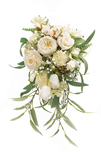BENCENTRE 12-Inch White & Greenery Cascading Bridal Bouquet for Wedding Ceremony, Anniversary, French Rustic Vintage Style - Artificial Flowers - Artificial Flower Arrangements Product: BENCENTRE 12-Inch White & Greenery Cascading Bridal Bouquet for Wedding Ceremony, Anniversary, French Rustic Vintage Style - Artificial Flowers