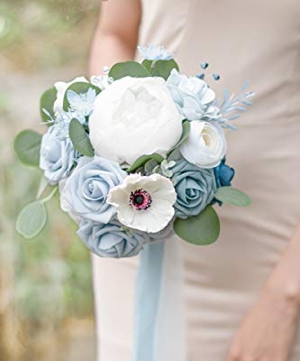 Silky Flower Store Dusty Blue Bridesmaid Bouquet Set of 4, Artificial Silk Foam Wedding Flowers, Blue White Bridal Bouquets, 7 Inch 14 14 Product: Ling's Moment Artificial Flowers Dusty Blue Bridesmaid Bouquet Set of 4, Blue & White Wedding Flowers Bouquets for Bridesmaids, 7 Inch Bridal Bouquets for Bridesmaids