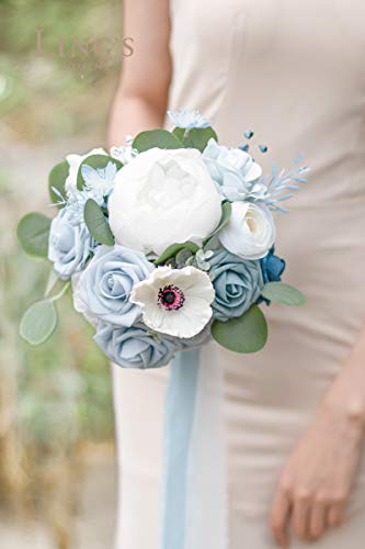 Silky Flower Store Dusty Blue Bridesmaid Bouquet Set of 4, Artificial Silk Foam Wedding Flowers, Blue White Bridal Bouquets, 7 Inch 5 5 Product: Ling's Moment Artificial Flowers Dusty Blue Bridesmaid Bouquet Set of 4, Blue & White Wedding Flowers Bouquets for Bridesmaids, 7 Inch Bridal Bouquets for Bridesmaids