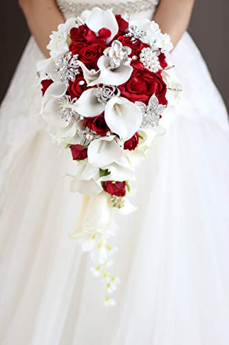 Silky Flower Store Bridal Bouquet Wedding Calla Lilies Rose Pearl Brooch Bouquet, Red, Handmade Faux Floral Arrangement 32.5cm 8 8 Product: IFFO Bridal Bouquets for Wedding, Calla Lilies Simulation Rose Diamonds Pearl Bride Wedding Bouquet, Romantic Wedding Party Decoration Confession (red)