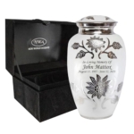 Product: Large Pearl White Funeral Cremation Urn for Human Ashes with Personalization and Velvet Box