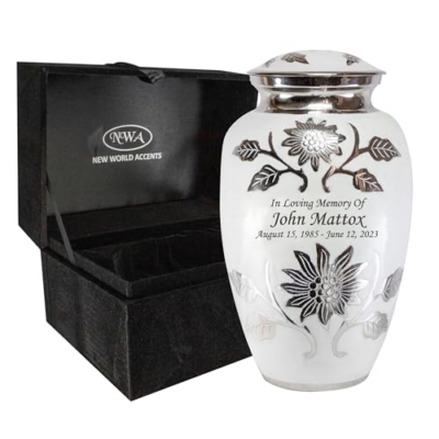 Product: Large Pearl White Funeral Cremation Urn for Human Ashes with Personalization and Velvet Box