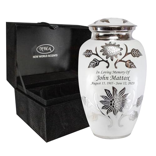 Product: Large Pearl White Funeral Cremation Urn for Human Ashes with Personalization and Velvet Box