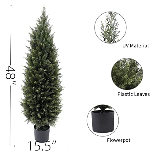 Product: 4ft(48”) Artificial Cedar Outdoor Artificial Shrub Sunlight Resistant Leafy Potted Plant for Indoor Porch of Home and Office Artificial Outdoor Tree 2 Pieces a Set Topiary Trees