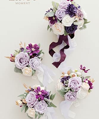 Product: Ling's Moment Artificial Flowers Purple Bridesmaid Bouquet Set of 4, Lilac and Gold Wedding Flowers Bouquets for Bridesmaids, 7 Inch Bridal Bouquets for Bridesmaids, Wedding, Ceremony, Anniversary, et