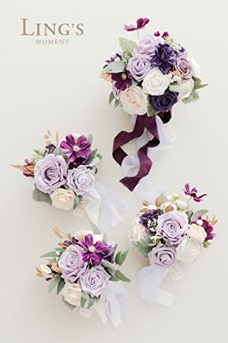 Product: Ling's Moment Artificial Flowers Purple Bridesmaid Bouquet Set of 4, Lilac and Gold Wedding Flowers Bouquets for Bridesmaids, 7 Inch Bridal Bouquets for Bridesmaids, Wedding, Ceremony, Anniversary, et