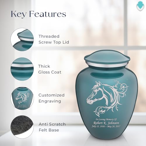 Product: Geturns Embrace Adult Personalized Horse Cremation Urns for Human Ashes I Large Teal Funeral Urn for Men and Women I 200 lbs