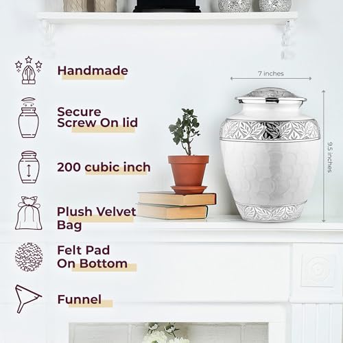 Silky Flower Store Trupoint Memorials Cremation Urn for Human Ashes, Large White Silver Lined Adult Memorial Urn, 9.5 x 7 inches 1 1 Product: Trupoint Memorials Cremation Urns for Human Ashes, Decorative Burial Urn for Adult Men and Women, Large White with Silver Lining