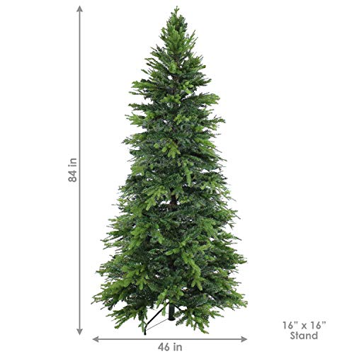Silky Flower Store Artificial Christmas Tree, Slim Unlit Indoor Christmas Tree with Stand, 7 ft 46 in Diameter 2 2 Product: Sunnydaze Stately and Slim Artificial Christmas Tree - Unlit - Indoor Use Only - Includes Stand - Traditional Design - 7 ft