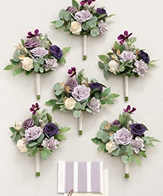 Silky Flower Store Purple Bridesmaid Bouquet Set of 6, Lavender Artificial Wedding Flowers, Silk Foam Bridal Bouquets, 7 inch 9 9 Product: Ling's Moment Artificial Flowers Purple Bridesmaid Bouquet Set of 6, Lavender Wedding Flowers Bouquets for Bridesmaids, 7 Inch Bridal Bouquets for Bridesmaids, Wedding, Ceremony, Anniversary, etc