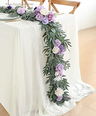 Silky Flower Store Artificial Eucalyptus Garland with Flowers, Lilac Lavender Floral Table Runner, 6ft 13.75in wide 3.5in high 7 7 Product: Floroom 6ft Artificial Eucalyptus Garland with Flowers Fake Greenery Faux Floral Vine Garland for Table Decor Wedding Centerpieces Bridal Shower Party Decorations, Lilac & Lavender