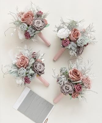 Silky Flower Store Dusty Gray Bridesmaid Bouquet Set of 4, Artificial Silk Foam Wedding Flowers, 7 Inch Bridesmaid Bouquets 7 Inch 17 17 Product: Ling's Moment Artificial Flowers Dusty & Gray Bridesmaid Bouquet Set of 4, Gray Wedding Flowers Bouquets for Bridesmaids, 7 Inch Bridal Bouquets for Bridesmaids, Wedding, etc