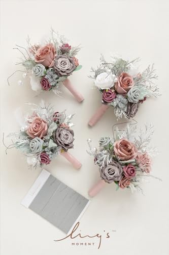 Silky Flower Store Dusty Gray Bridesmaid Bouquet Set of 4, Artificial Silk Foam Wedding Flowers, 7 Inch Bridesmaid Bouquets 7 Inch 8 8 Product: Ling's Moment Artificial Flowers Dusty & Gray Bridesmaid Bouquet Set of 4, Gray Wedding Flowers Bouquets for Bridesmaids, 7 Inch Bridal Bouquets for Bridesmaids, Wedding, etc