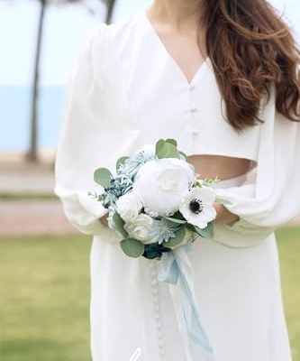 Silky Flower Store Dusty Blue Bridesmaid Bouquet Set of 4, Artificial Silk Foam Wedding Flowers, Blue White Bridal Bouquets, 7 Inch 12 12 Product: Ling's Moment Artificial Flowers Dusty Blue Bridesmaid Bouquet Set of 4, Blue & White Wedding Flowers Bouquets for Bridesmaids, 7 Inch Bridal Bouquets for Bridesmaids