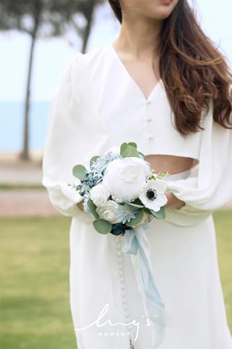 Silky Flower Store Dusty Blue Bridesmaid Bouquet Set of 4, Artificial Silk Foam Wedding Flowers, Blue White Bridal Bouquets, 7 Inch 3 3 Product: Ling's Moment Artificial Flowers Dusty Blue Bridesmaid Bouquet Set of 4, Blue & White Wedding Flowers Bouquets for Bridesmaids, 7 Inch Bridal Bouquets for Bridesmaids