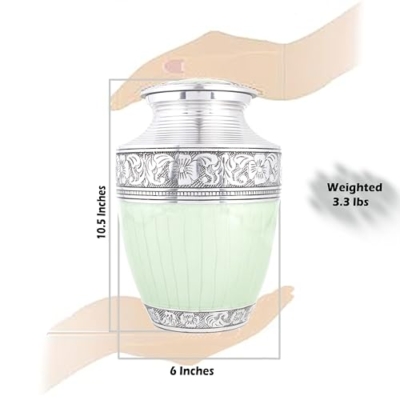 Product: Handcrafted Metal Alloy Cremation Urn for Human Ashes - Large, Engraved, Decorative Funeral Memorial Urn with Secure Screw-On Lid Hold Remains up to 200 lbs 10.5" (Green Silver) - ALPHA Living HOME
