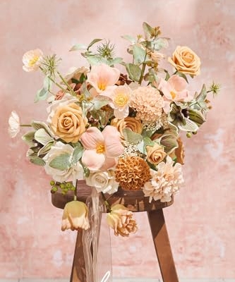 Silky Flower Store Peach Apricot Artificial Bridal Bouquet, Wedding Flower Bouquet for Bride, Ribbons Card, 15 Inch x 11 Inch 13 13 Product: Ling's Moment Peach Wedding Bouquets for Bride, Apricot Bridal Bouquets for Bride,15 Inch Free Form Artificial Wedding Flower Bouquet