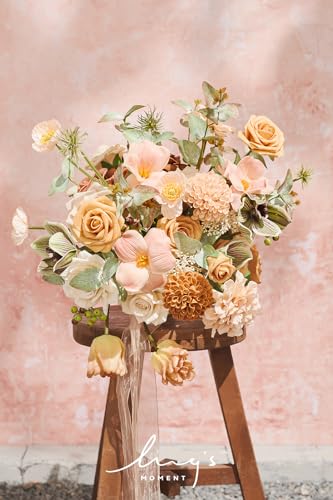 Silky Flower Store Peach Apricot Artificial Bridal Bouquet, Wedding Flower Bouquet for Bride, Ribbons Card, 15 Inch x 11 Inch 5 5 Product: Ling's Moment Peach Wedding Bouquets for Bride, Apricot Bridal Bouquets for Bride,15 Inch Free Form Artificial Wedding Flower Bouquet