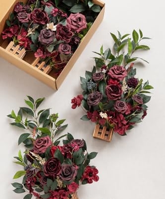 Silky Flower Store Bordeaux Red Artificial Wedding Flower Arrangements, 4 Piece Ceremony Aisle Decor, Tall Standing Faux Florals 17.5in 13 13 Product: Ling's Moment 17.5" Tall Standing Artificial Flowers Arrangements 4pcs Fall Wedding Aisle Runner Chair Decorations Bordeaux Red Centerpieces for Ceremony Reception Rose Floral Party Outdoor