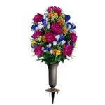 Product: Sympathy Silks Fuchsia Mums & Blue Iris Cemetery Flowers Bouquet with Vase - Artificial Gravesite Decor